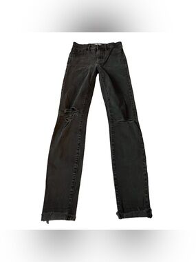 Madewell 9” High Rise Cuffed Frayed Skinny Stretch Destructed Black Jeans Sz 27
